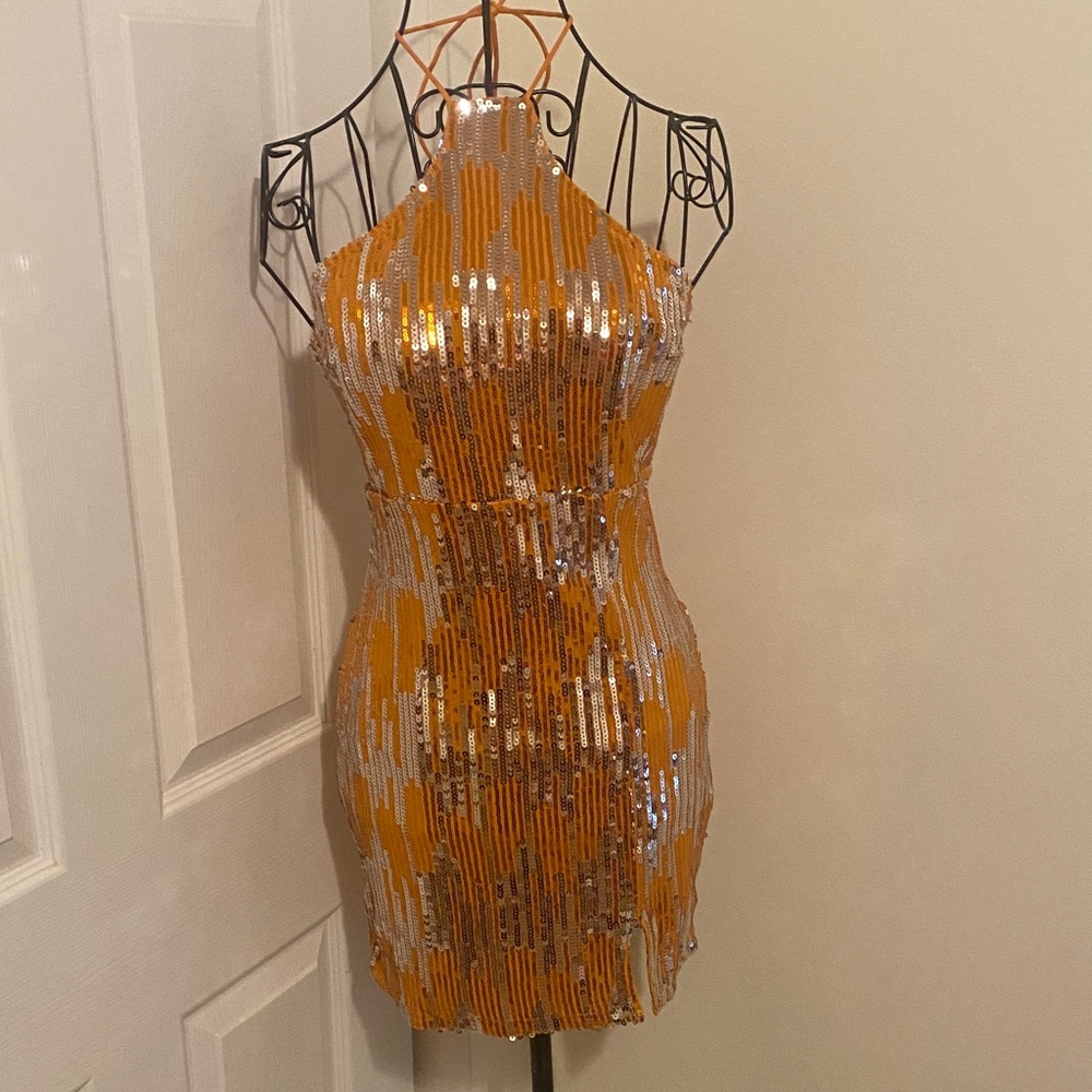 Sequin Halter Mini Dress in Gold and Silver NWOT